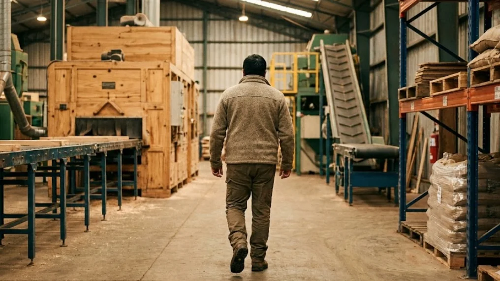 Jefe caminando de espaldas por el pasillo de una planta industrial