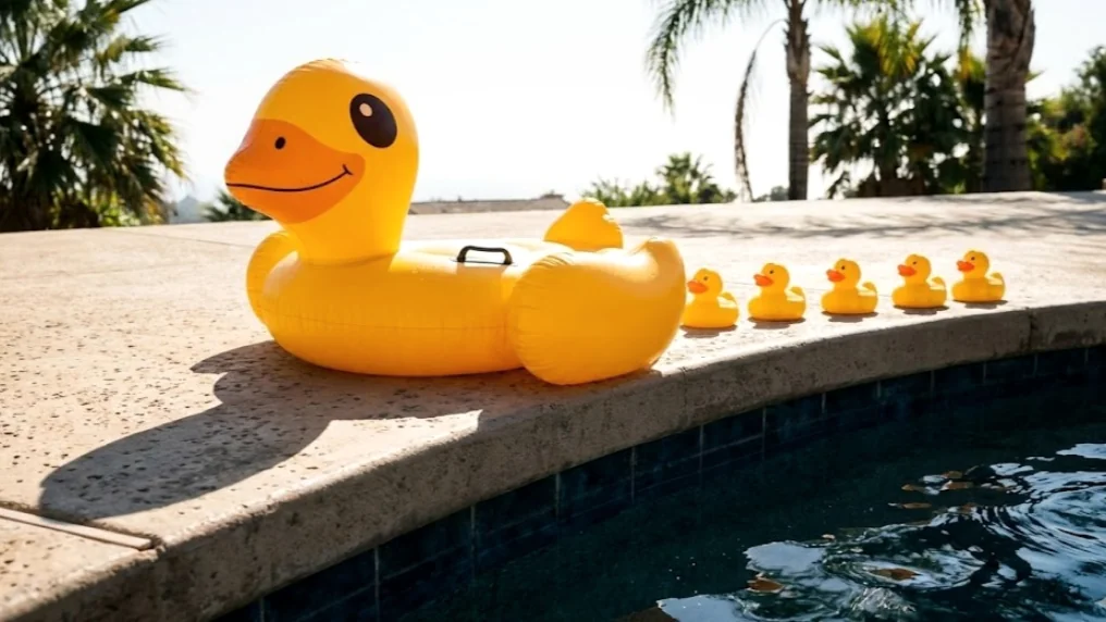 Pato inflable grande seguido por una fila de patitos de goma al borde de una piscina