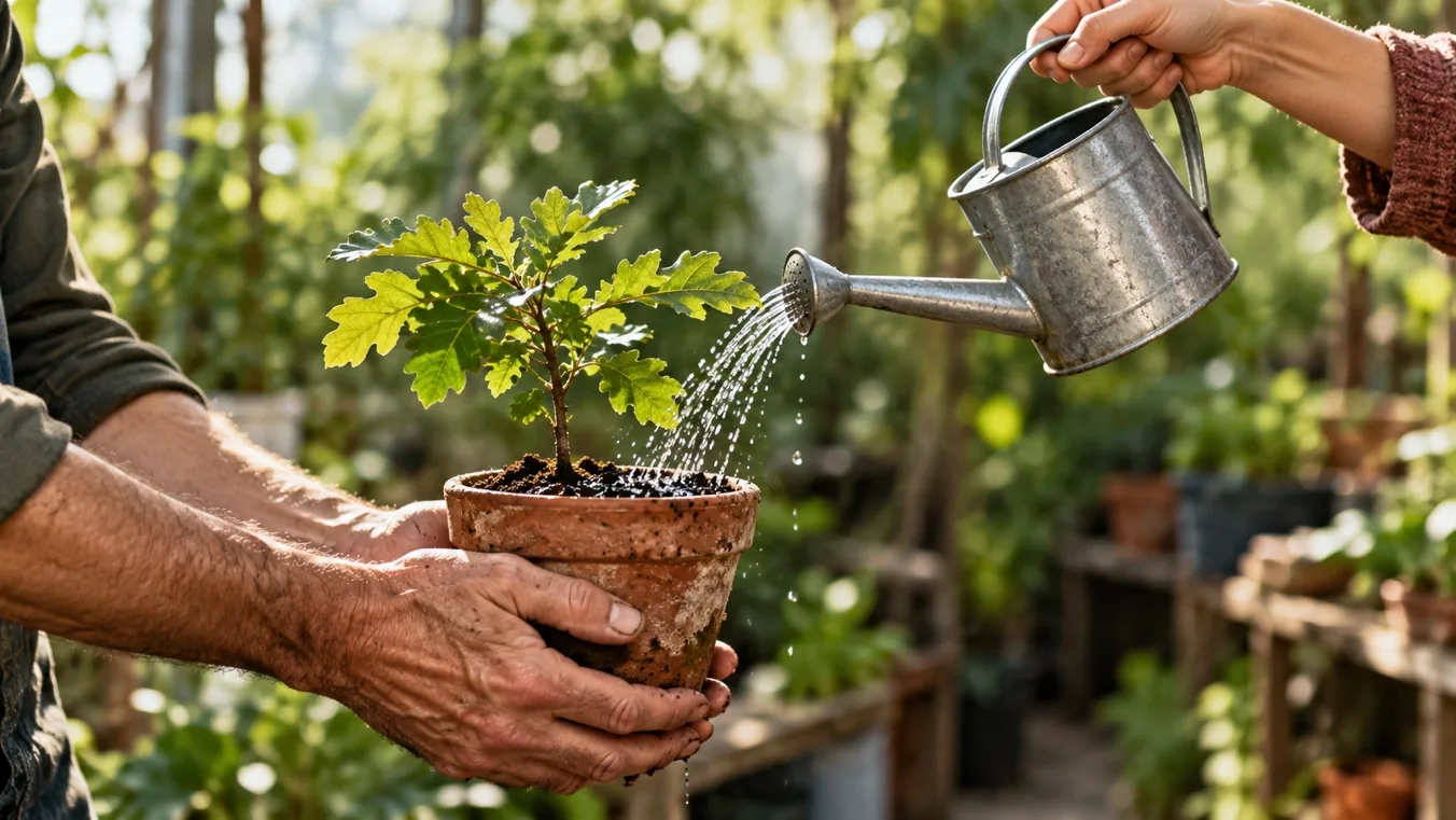 Manos regando una planta joven en un macetero