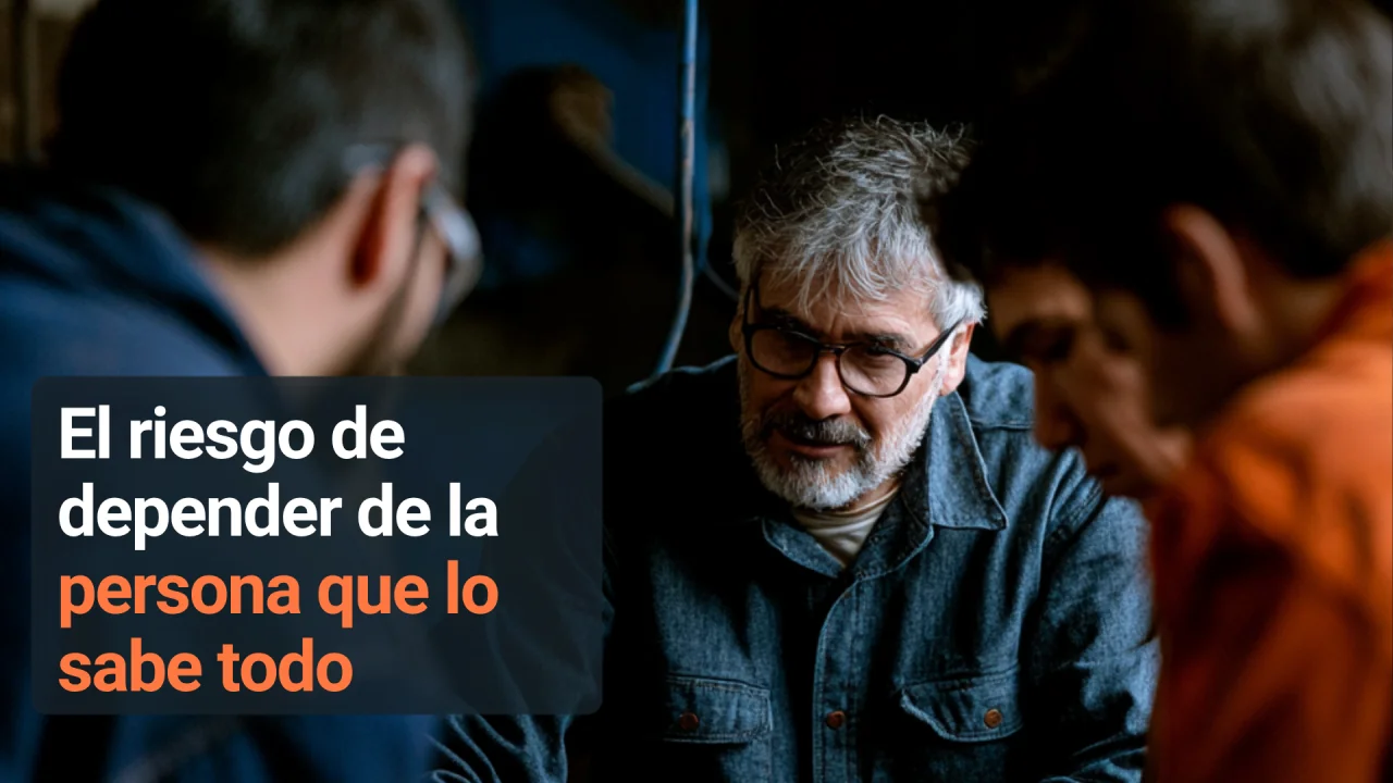 Trabajador con experiencia explicando algo a dos compañeros. Texto: El riesgo de depender de la persona que lo sabe todo