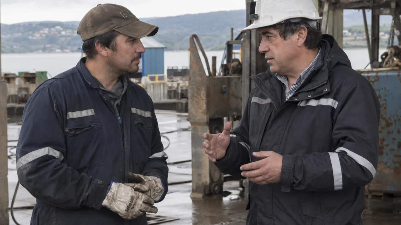 Supervisor conversando con un trabajador en un astillero
