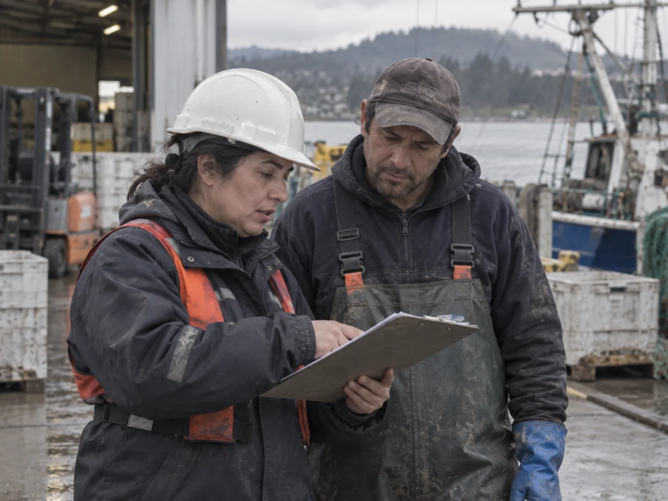 Supervisora revisando una planilla con un trabajador en un muelle
