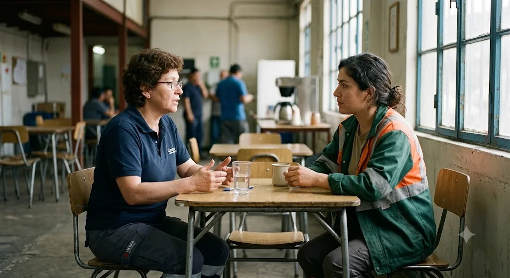 Supervisora conversando con una trabajadora en el comedor de una planta