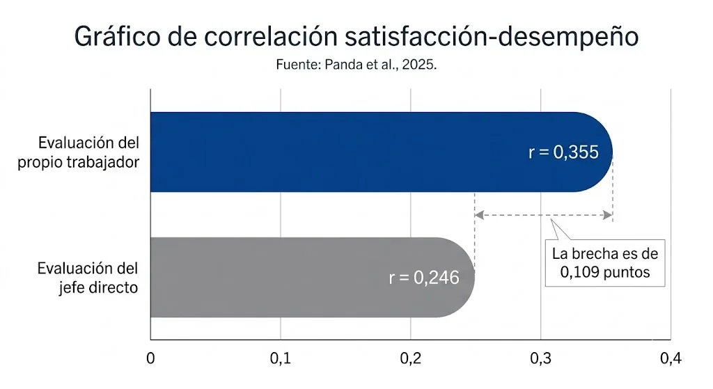 Gráfico de barras: correlación satisfacción-desempeño de 0,355 cuando evalúa el propio trabajador y de 0,246 cuando evalúa el jefe directo; brecha de 0,109 puntos. Fuente: Panda et al., 2025