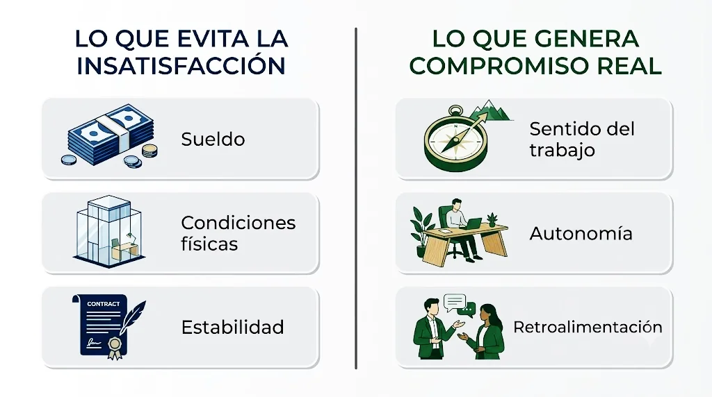 Comparación. Lo que evita la insatisfacción: sueldo, condiciones físicas, estabilidad. Lo que genera compromiso real: sentido del trabajo, autonomía, retroalimentación