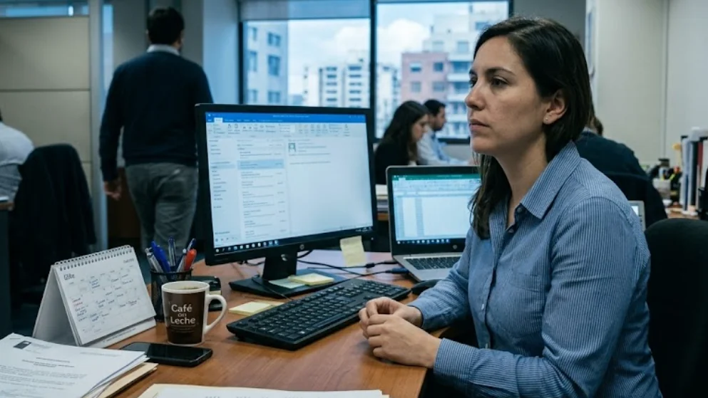 Trabajadora frente a su computador con expresión desanimada en una oficina