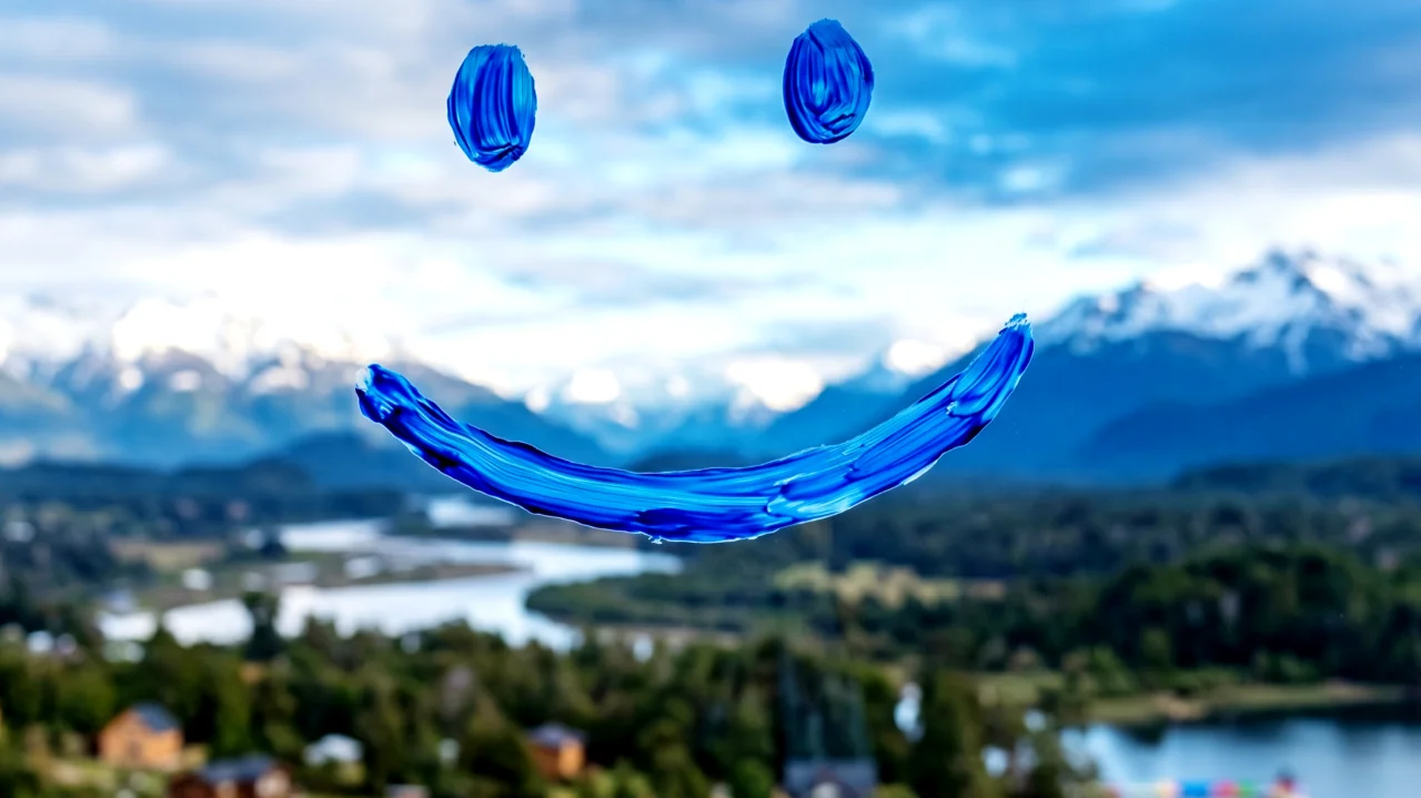 Cara sonriente pintada sobre un vidrio, con lagos y montañas del sur de fondo